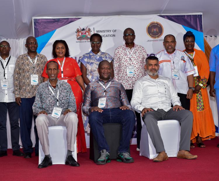Kericho county Governor, H.E. Dr. Erick Mutai (seated centre), Mombasa county Governor, H.E. Abdulswamad Shariff Nassir (seated right), the Director General of Education, Dr. Elyas Abdi (seated left), and members of the technical Committee during the conference.