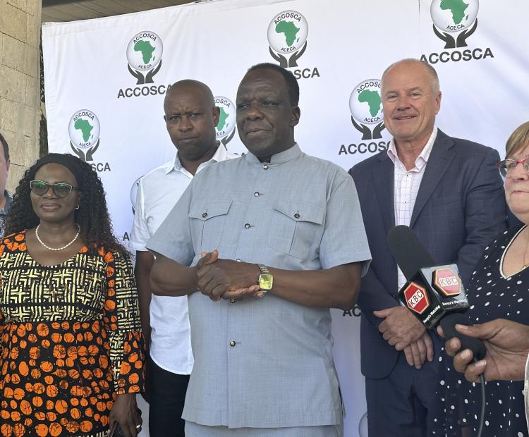 Cabinet Secretary for Cooperatives and MSMEs, Wycliffe Oparanya, addresses the media during a press briefing in Mombasa, flanked by delegates from the African Confederation of Cooperative Savings and Credit Associations and the World Council of Credit Unions. PHOTO: CHARI SUCHE