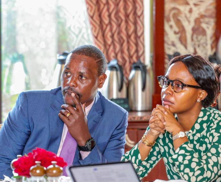 Principal Secretary (PS) for Environment and Climate Change, Dr. Eng. Festus Ng’eno (Left) and his counterpart the Principal Secretary for the Blue Economy and Fisheries Betsy Njagi during a High-Level Partnership Resource Mobilization Meeting in Nairobi.