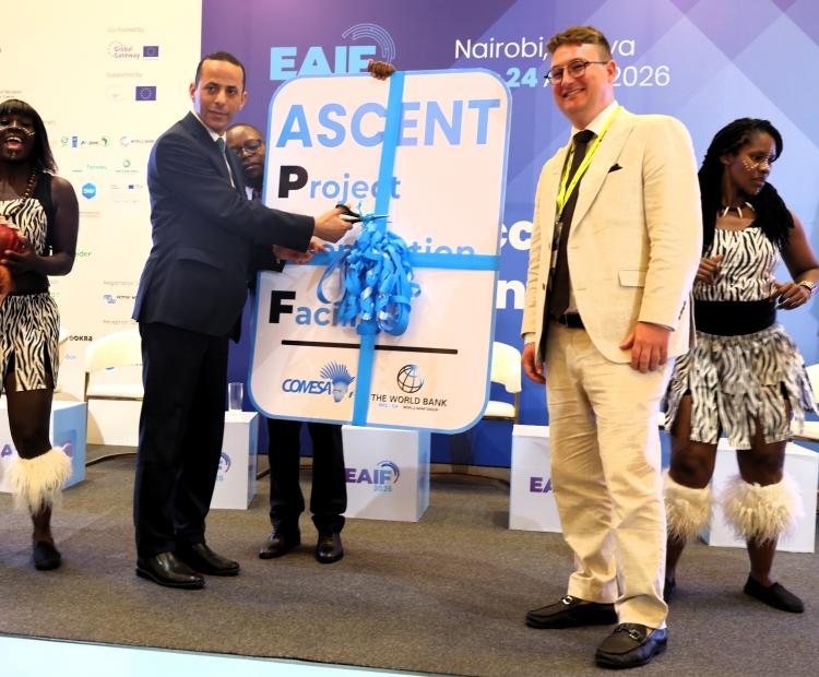 Assistant Secretary General for COMESA b. Dr. Mohammed Kadah and David Lecoque, CEO of ARE, during the ribbon-cutting ceremony, during the official launch of the COMESA Project Preparation Facility and the beginning of a new chapter in advancing sustainable energy access across the region.