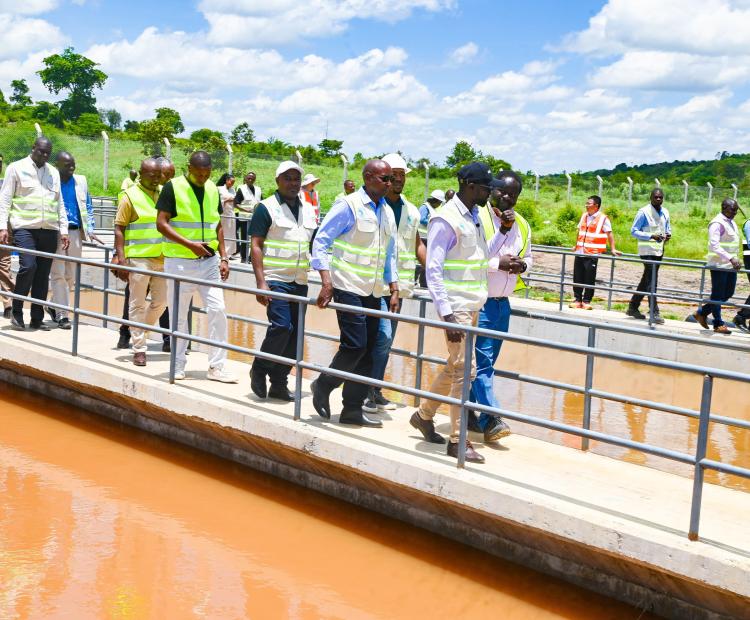 Water, Sanitation and Irrigation Cabinet Secretary Eng Eric Muriithi Mugaa, leading the team, (in a black cap) accompanied by Tanathi CEO Sammy Naporos and Mwala MP Vincent Musyoka during the inspection of ongoing Mwala Cluster Water Project in Machakos County.