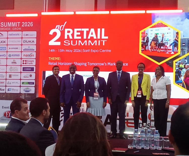 Ministry of Investment, Trade and Industry Cabinet Secretary, Lee Kinyanjui (third from right), during the Retrak 2nd Retail Summit in Nairobi. PHOTO: CATHERINE ODOYO