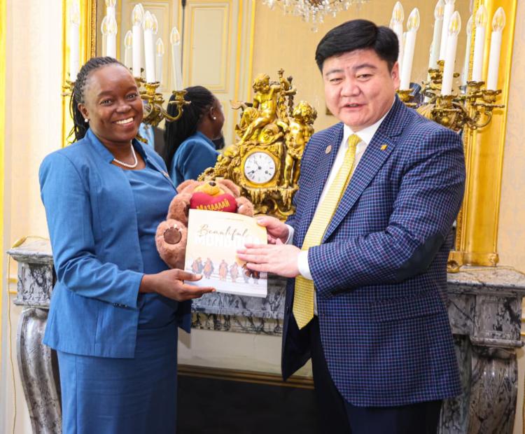Environment, Climate Change and Forestry Cabinet Secretary Dr. Deborah Barasa (left) and the Minister of Environment and Climate Change of Mongolia, Tsendiin Sandag-Ochir (right,) when they engaged in a high-level bilateral meeting on the margins of the G7 Environment Ministers’ Meeting in Paris, France.