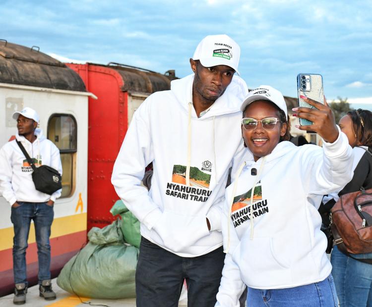 Customers enjoy a selfie after alighting a train at the newly refurbished Gilgil Railway Station en-route to Nyahururu, after the Kenya Railway Corporation revived and started operations of the Gilgil-Ol Kalou- Nyahururu town route, which has been dormant for the last 46 years.