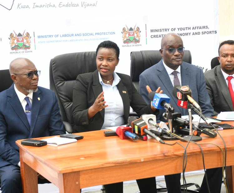 PS, State Department for MSMEs Development Susan Mang’eni (centre), Financial Services Advisor for the Presidential Secretariat Moses Mbanda (left) and CEO for MSME. Authority Henry Ridhaa (2nd from right) and Mohammed Doyo Secretary for MSMEs (right)