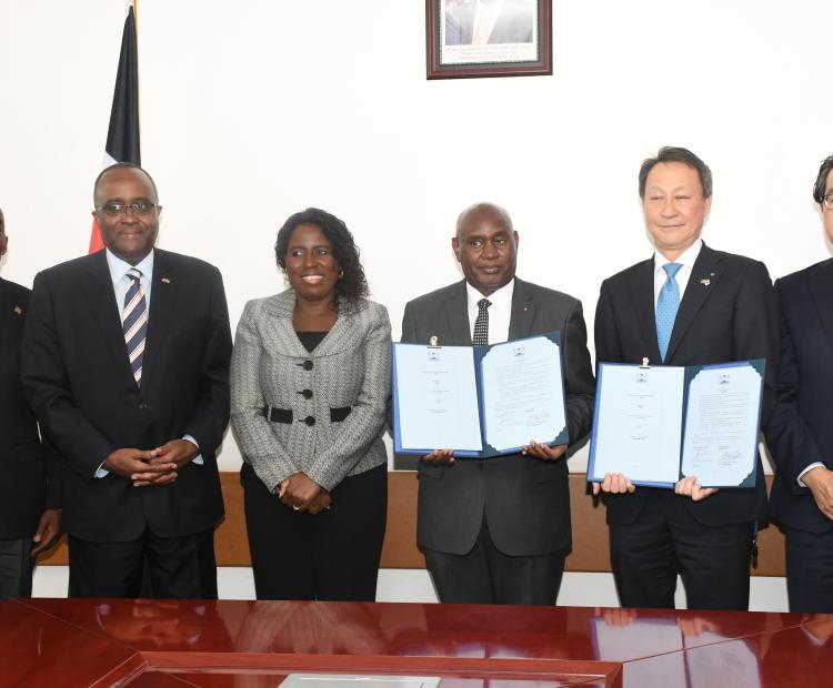 Principal Secretary, State Department for Higher Education and Research Beatrice Inyangala (third from left) with officials from the Technical University of Kenya and Shimizu Corporation of Japan posing for a group photo after the official signing of a Memorandum of Cooperation between Shimizu Corporation of Japan and two Kenyan Universities in Nairobi. PHOTO: ARON KINYAMASYO/KNA