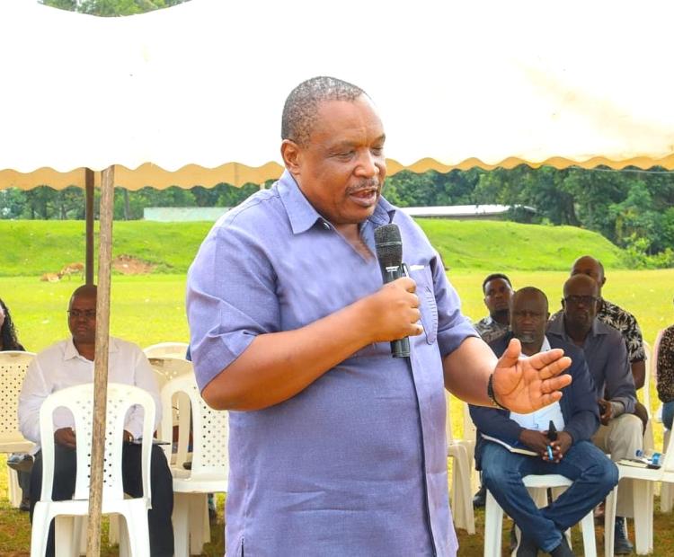 The Kakamega County Artisanal Mining Committee chairman Patrick Ligami speaking during a sitting by the County Assembly of Kakamega during the public hearing of petitions against the proposed 680 million shillings of underground mining of gold by Shanta Gold Kenya at Malinya stadium