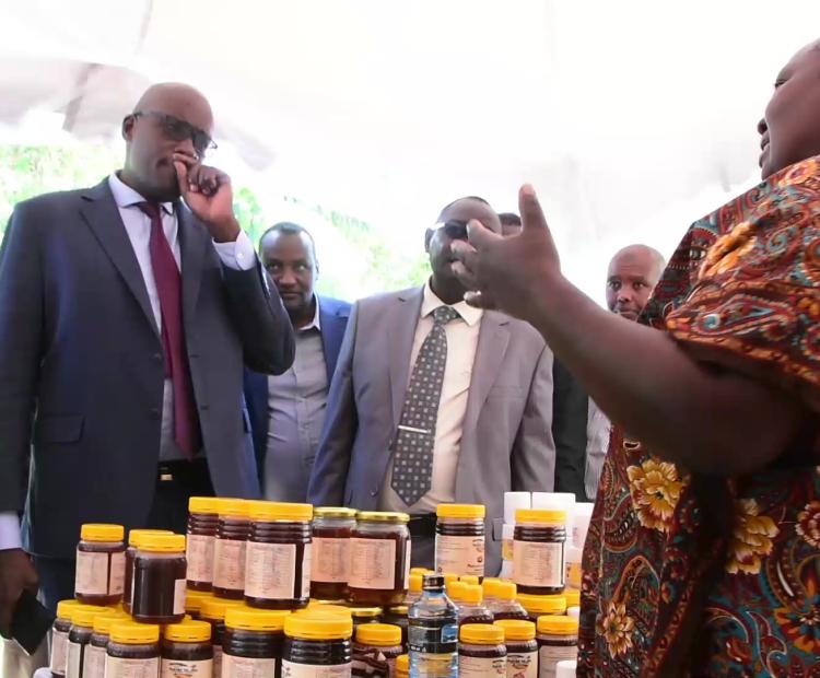 MSEA Chief Executive Officer Henry Rithaa (2nd from left) and Isiolo Deputy  Governor Dr. James Lowasa (4th from Left) while touring trade exhibitions during  a business exhibition in Isiolo Town courtesy of MSEA and the County government of Isiolo