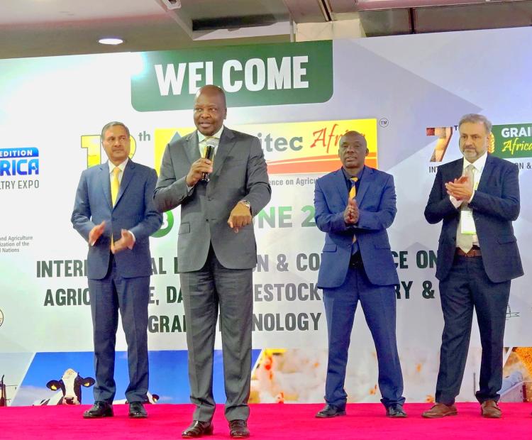 Agriculture and Livestock Development Cabinet Secretary Mutahi Kagwe addresses participants during the opening of the 12th Agritec Africa Exhibition at KICC, Nairobi. PHOTO: NANCY OMONDI