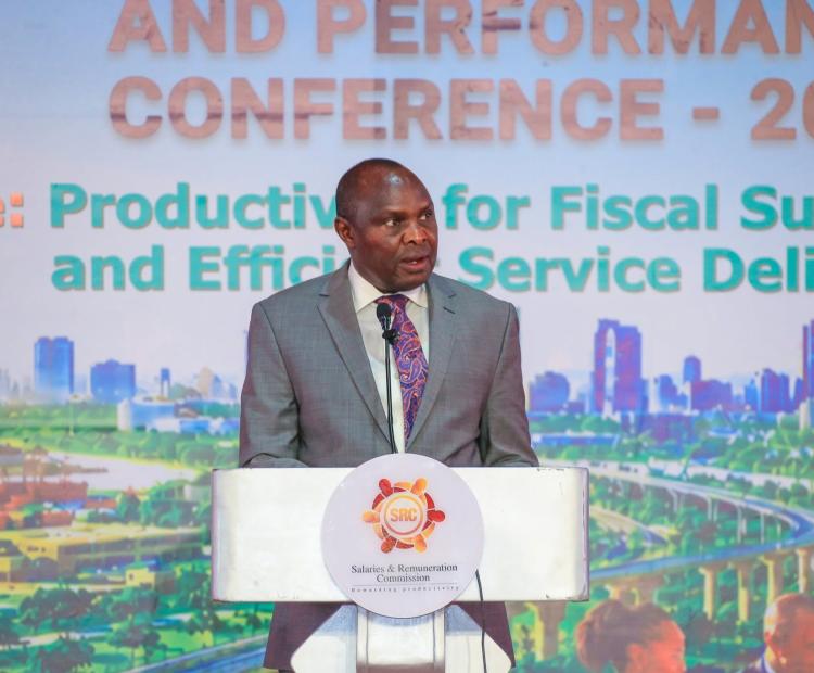 Chief of Staff and Head of Public Service Felix Koskei addresses delegates during the official opening of the National Performance and Productivity Conference at the Kenya School of Government (KSG), Lower Kabete, Nairobi. PHOTO: JOSEPH NG’ANG’A