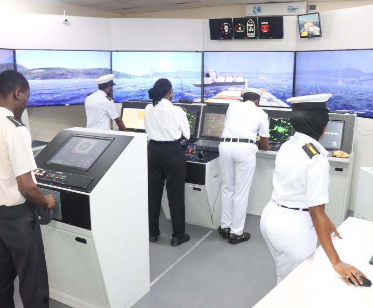 Bandari Maritime Academy Students during a practical lesson at the Full Mission Bridge Simulator.