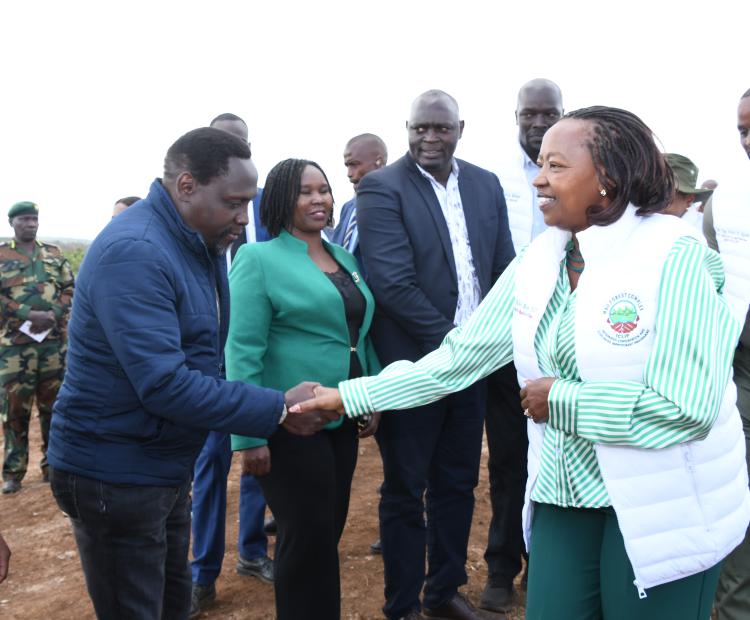  First Lady Rachel Ruto is received by Director of Land Reclamation and Climate Resilience for Water and Food Security Thandi Githae at Bararget Forest, Marindas Block, in Kuresoi North Constituency 