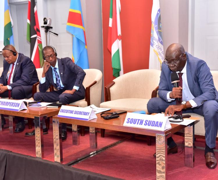 South Sudan’s Minister for Transport Rizik Zakaria Hassan (right) flanked by Burundi’s Minister for nfrastructure, Social Housing, Transport and Equipment, Egide Niyimbere (Left) speaking during the 38th NCTTCA Council of Ministers meeting in Nairobi.