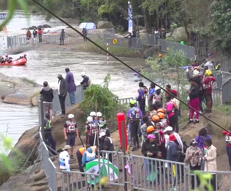 Competitors and spectators at the Rafting World Cup Series along River Sagana in Murang’a County