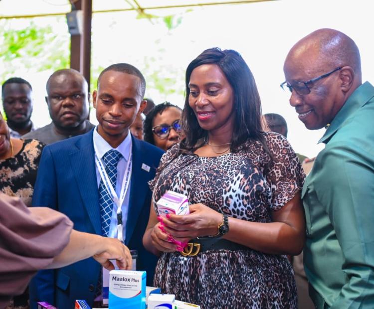 Principal Secretary for Public Health and Professional Standards Mary Muthoni, joins Pharmacy and Poisons Board Chairperson Dr. John M. Munyu, Kenya Pharmaceutical Association officials and delegates during the 22nd Kenya Pharmaceutical Association Scientific Conference in Mombasa