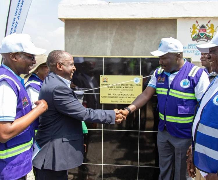 Principal Secretary for Water and Sanitation Julius Korir (second right) commissions the  Kinanie Leather Industrial Park Water Supply Project in Machakos County.