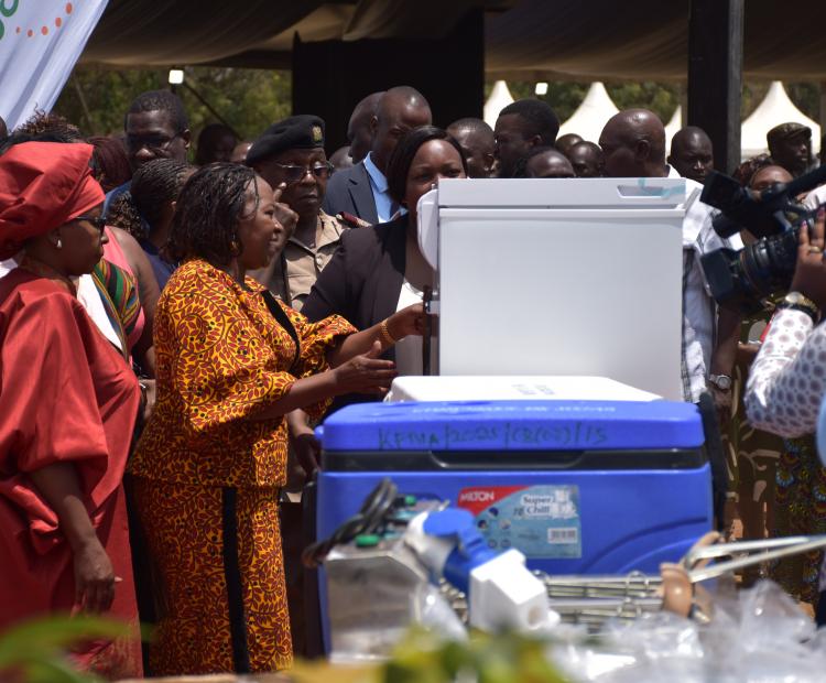 First lady Rachel Ruto flanked by Siaya governor’s spouse Betty Orengo (in red) inspecting a freezer to be issued to women