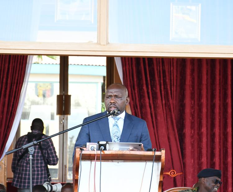 Interior Cabinet Secretary Kipchumba Murkomen, during an address at the Kenya Police Training College in Kiganjo in a past event. He has revealed plans by the Government to deploy 1,200 electric vehicles to police stations across the country as part of on-going efforts to improve police operational capacity.