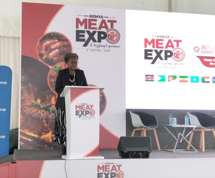Principal Secretary for the State Department for Trade, Regina Ombam, addresses delegates during the official opening of the 5th Kenya Meat Expo 2026 at the KICC in Nairobi on August 26, 2026.  Photo by Lilian Gichohi.