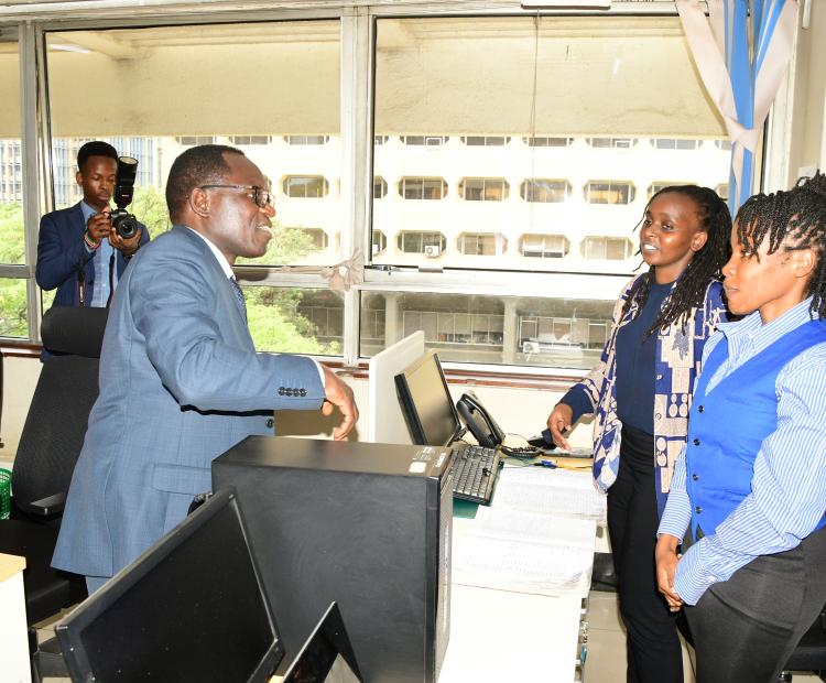Broadcasting and Telecommunications Principal Secretary, Stephen Isaboke engages with staff from Directorate of Information’s social media team, when he urged them to adopt innovative approaches to content creation and leverage digital platforms to raise public awareness on government policies and programmes