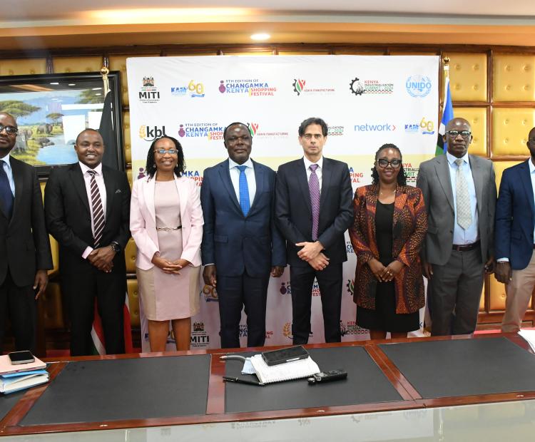 Principal Secretary (PS), State Department for Industry, Dr. Juma Mukhwana [Centre], with industry stakeholders during the media briefing in Nairobi ahead of the upcoming Kenya Industrialization Summit, 2026 and Changamka Shopping Festival, which will be held on 2nd-7th November, 2026 at the Kenyatta International Convention Center [KICC] in Nairobi.