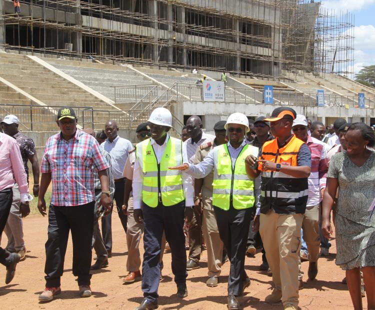 The Interior and National Administration Principal Secretary Raymond Omollo (3rd right) accompanied by his Immigration and Citizen Services counterpart Dr. Belio Kipsang (3rd left), led the National Steering Committee on Mashujaa Day celebration to inspect the ongoing construction works at Kipchoge Keino Stadium in Eldoret, Uasin Gishu County.  IMG_2220